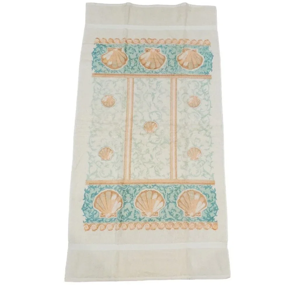 Vintage 80s Cream‎ Peach Shell Bath Towel 49 X 25 Nautical Beach NWOT